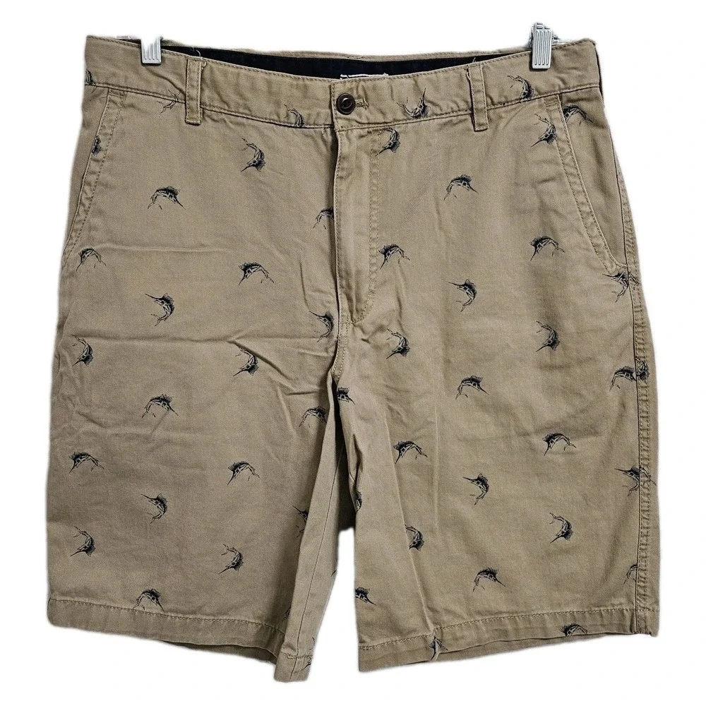 IZOD Shorts Mens 36 Tan Saltwater Marlin Fish Print Khaki Chino Flat Front 10.5